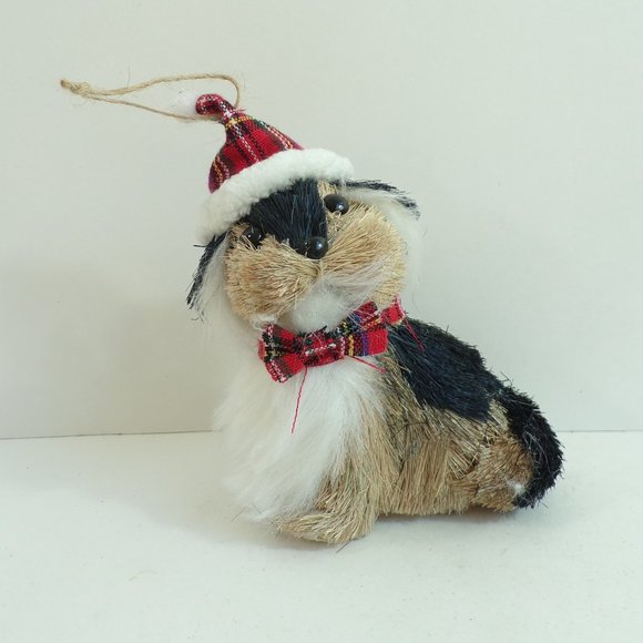 NEW Bottle Brush Christmas Dog Puppy Pooch Plaid Santa Cap Holiday Tree Ornament - Picture 1 of 2